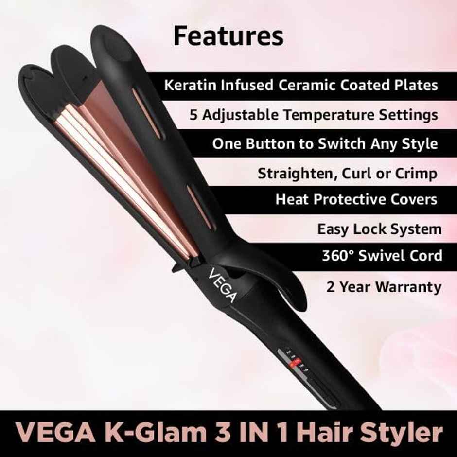Vega K-Glam 3 in 1 Hair Styler- Straightener, Curler & Crimper with Adjustable Temprature | VHSCC-04