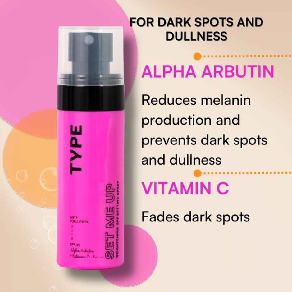 Type Beauty Inc Brightening Setting Spray | SPF 35 PA+++ Face Makeup | 12Hr Wear with Vit C Glow