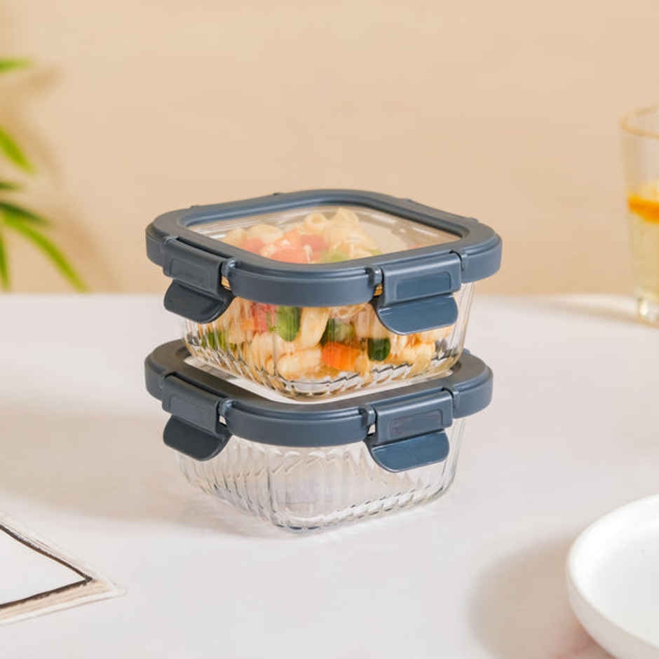 Nestasia Square Airtight Microwave Safe Glass Lunch Box Set Of 2 300ml