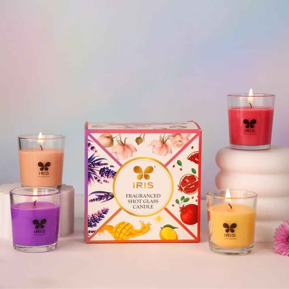 Shot Glass Candles | Damask Rose,Mango Sorbet,Peach & Pomegranate | Pack of 4 | IRIS