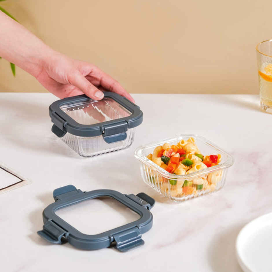 Nestasia Square Airtight Microwave Safe Glass Lunch Box Set Of 2 300ml