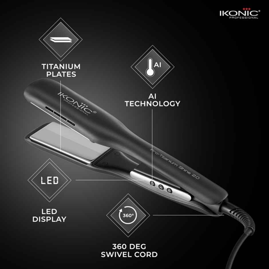 Ikonic Pro Titanium Shine Hair Straightener Black, AI Technology, Titanium Plates, Instant Heat up