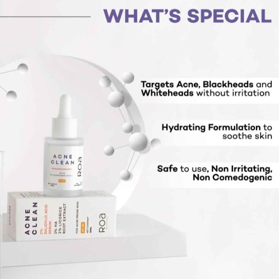 R.O.A Skincare Acne Clean 2% Salicylic Acid Serum For Acne Prone Oily Skin, Blackheads & Open Pores