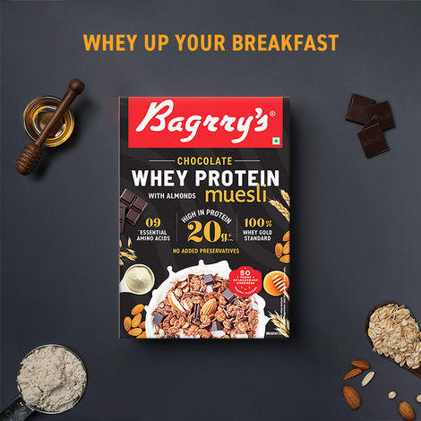 Bagrry's Whey Protein Chocolate Muesli with Almonds | 20g protein | 100% Whole Oats | 500gm carton