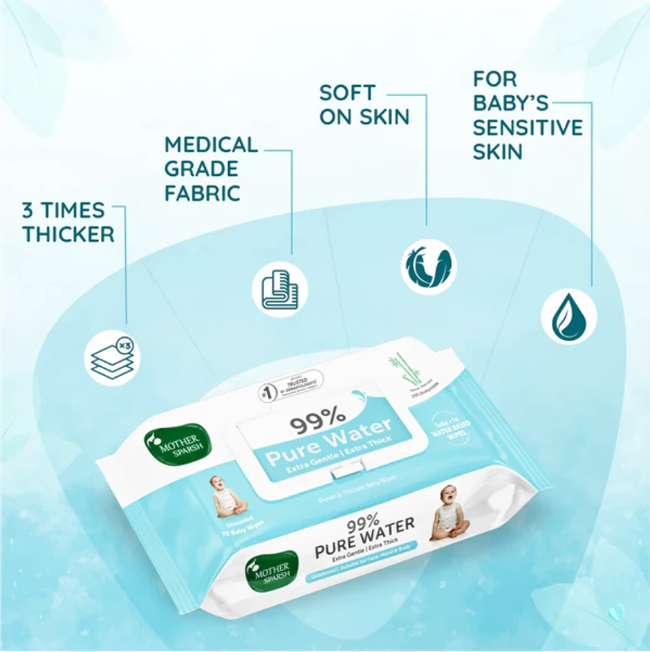 Mother Sparsh Water Baby Wipes For Kids | 0 - 3 years | 72 Pulls Per Pack