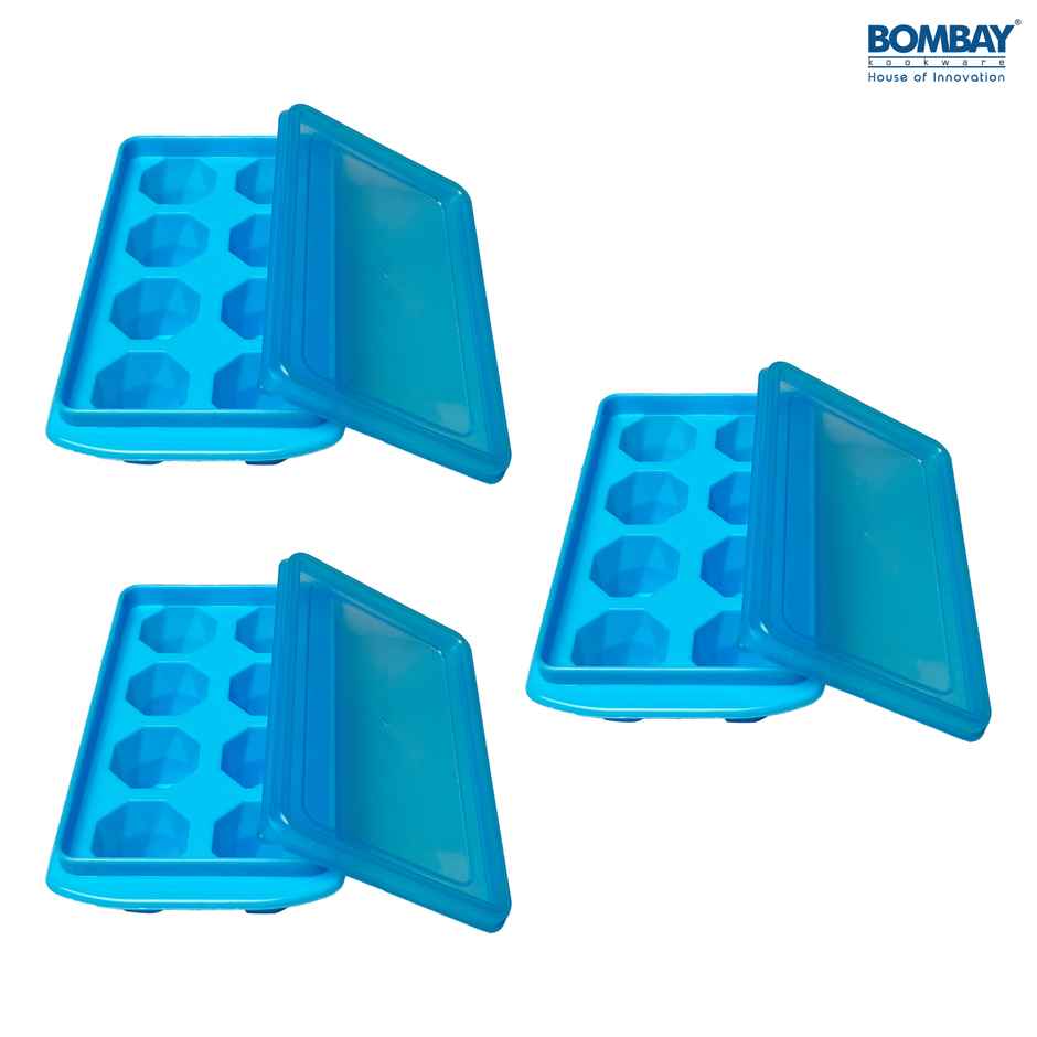 Ice Cube tray with Removable lid Plastic (Pack of 3) (Blue)