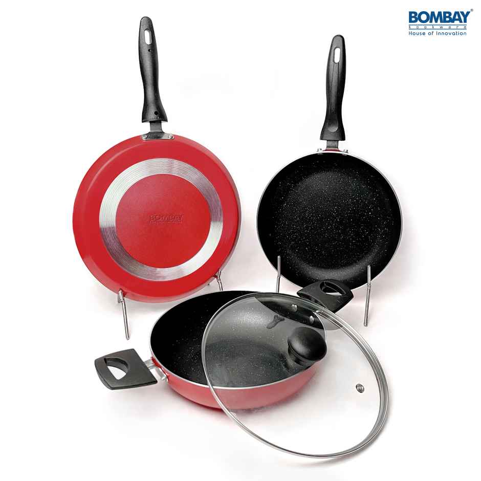Bombay Kookware Gift Set Non-Stick Dosa Tawa-25.5 cm, Kadai-1.8 L, Fry Pan-1L, 1 Glass Lid