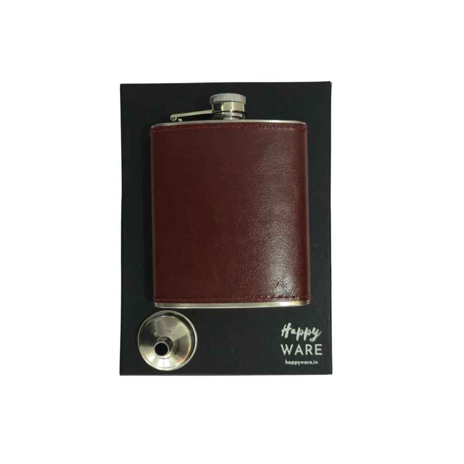 Happyware Stainless Steel Travel Drink Hip Flask | Tan Leatherette | 230 ml