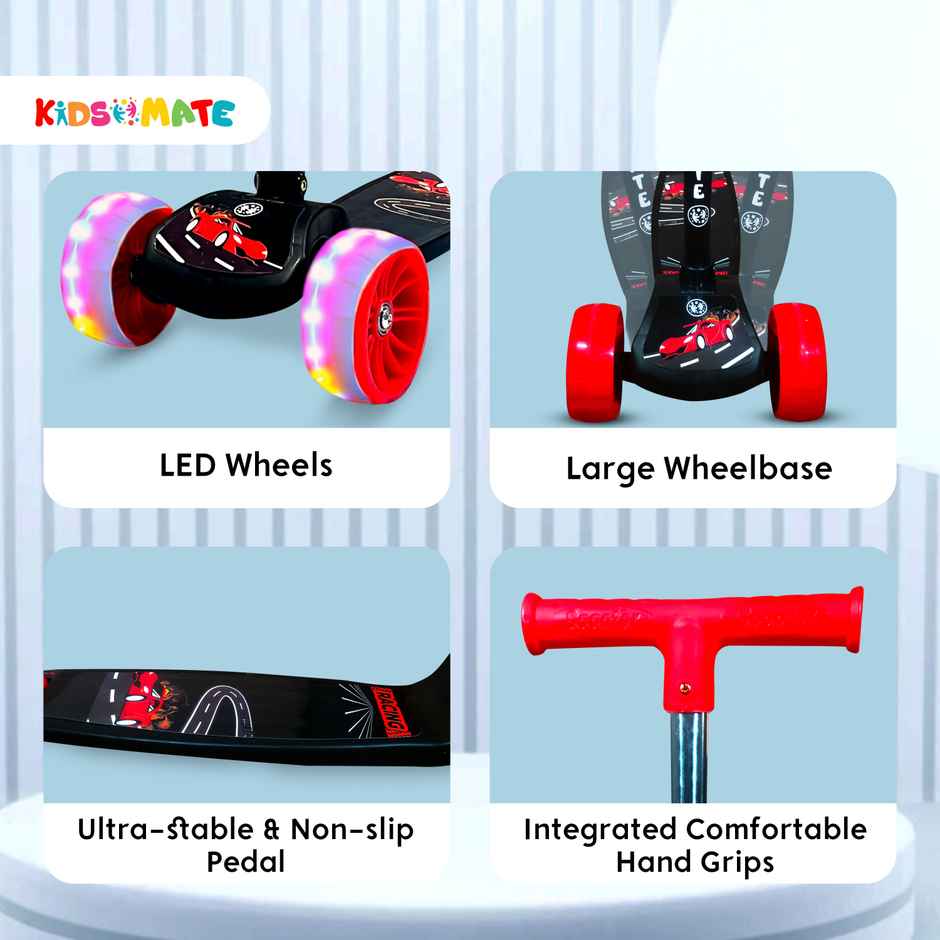 Kidsmate Rider Pro Kick Scooter | Broad PU LED Wheels | 3-Wheel Skating Scooter | Black