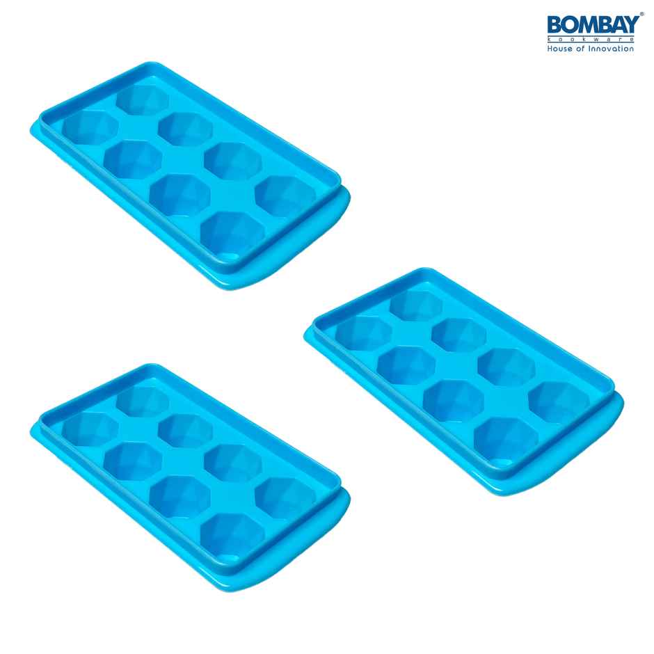 Ice Cube tray with Removable lid Plastic (Pack of 3) (Blue)