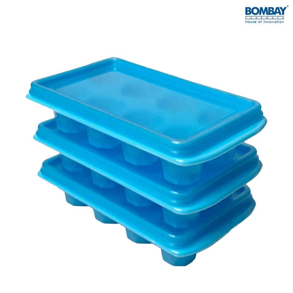Ice Cube tray with Removable lid Plastic (Pack of 3) (Blue)