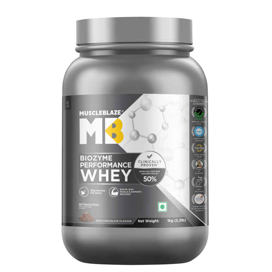 Muscleblaze Biozyme Performance Whey Protein Powder (Rich Chocolate) (1kg) & Muscleblaze Pre Workout Wrathx, | Fruit Fury, 20 Servings (340g) Combo