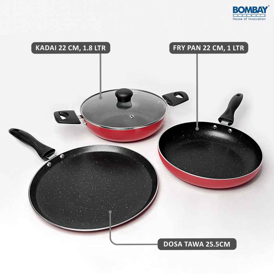 Bombay Kookware Gift Set Non-Stick Dosa Tawa-25.5 cm, Kadai-1.8 L, Fry Pan-1L, 1 Glass Lid