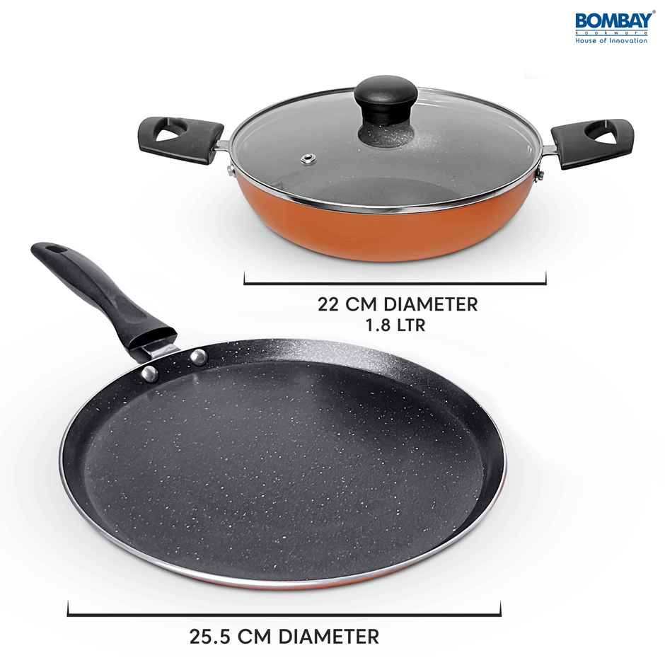 Bombay Kookware Gift Set Non-Stick | Dosa Tawa-25 cm and Kadai-1.8 L With 1 Glass Lid | Not Compatible with Induction