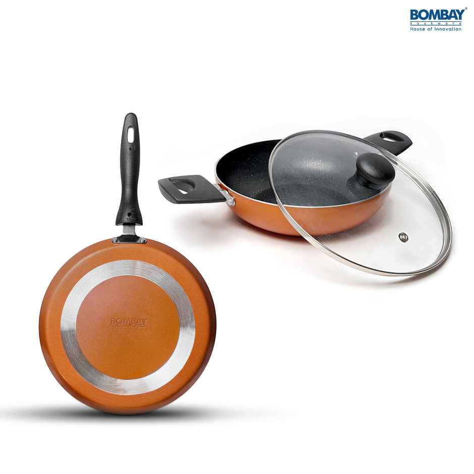 Bombay Kookware Gift Set Non-Stick | Dosa Tawa-25 cm and Kadai-1.8 L With 1 Glass Lid | Not Compatible with Induction