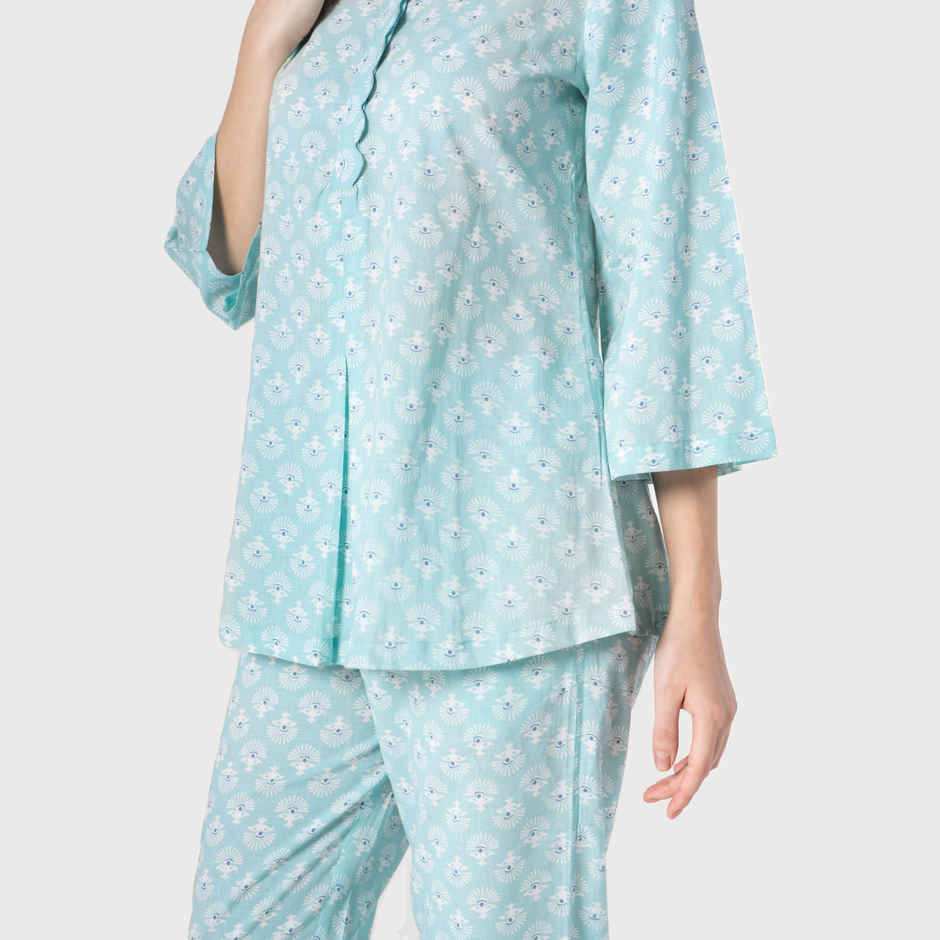 Sanskrutihomes Women Floral Printed Pure Cotton Sky Blue Night Suit SE-NSP-663 | S