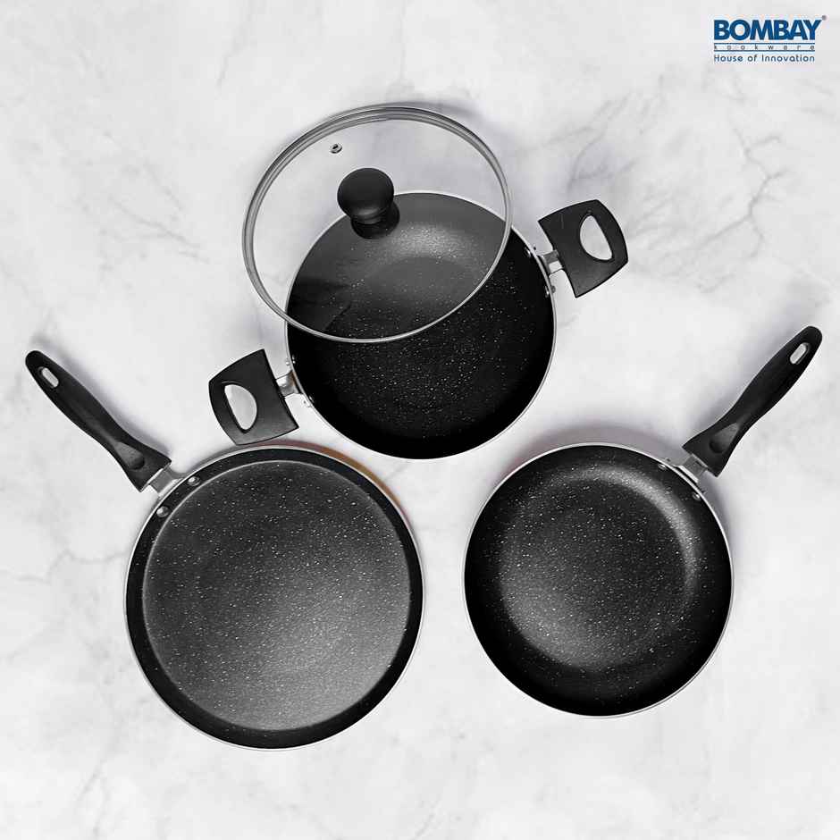 Bombay Kookware Gift Set Non-Stick Dosa Tawa-25.5 cm, Kadai-1.8 L, Fry Pan-1L, 1 Glass Lid
