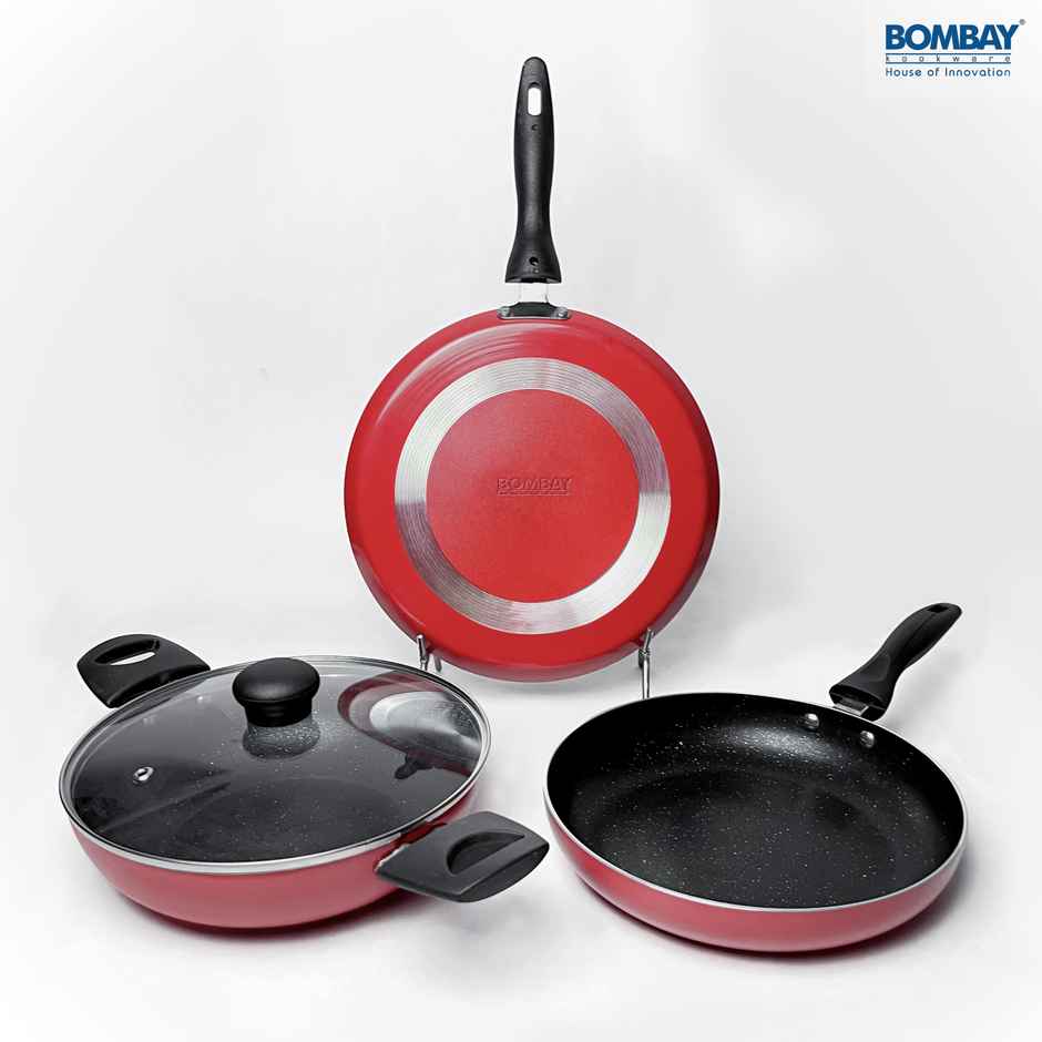 Bombay Kookware Gift Set Non-Stick Dosa Tawa-25.5 cm, Kadai-1.8 L, Fry Pan-1L, 1 Glass Lid