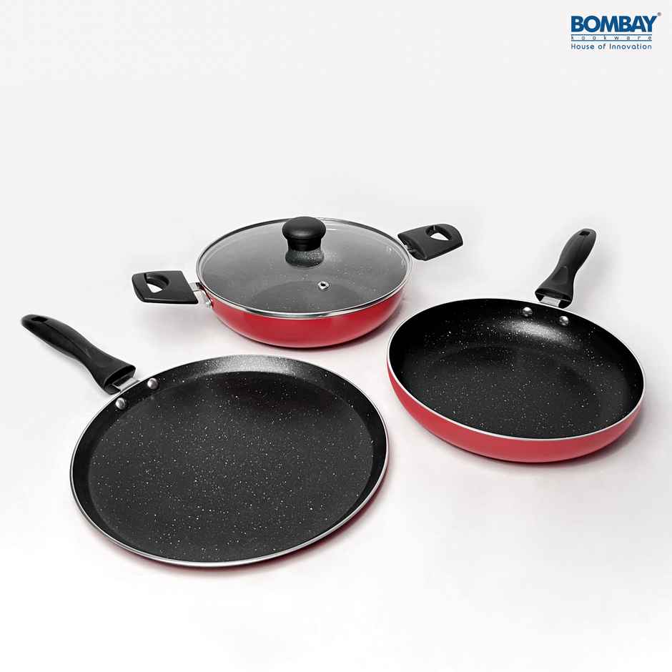 Bombay Kookware Gift Set Non-Stick Dosa Tawa-25.5 cm, Kadai-1.8 L, Fry Pan-1L, 1 Glass Lid
