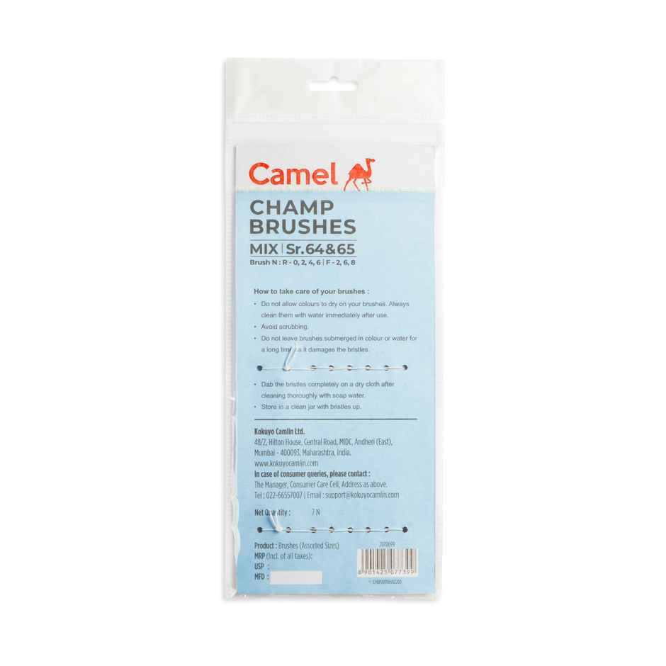 Camel Champ Brushes Assorted Pack Of 7 Brushes, Round And Flat