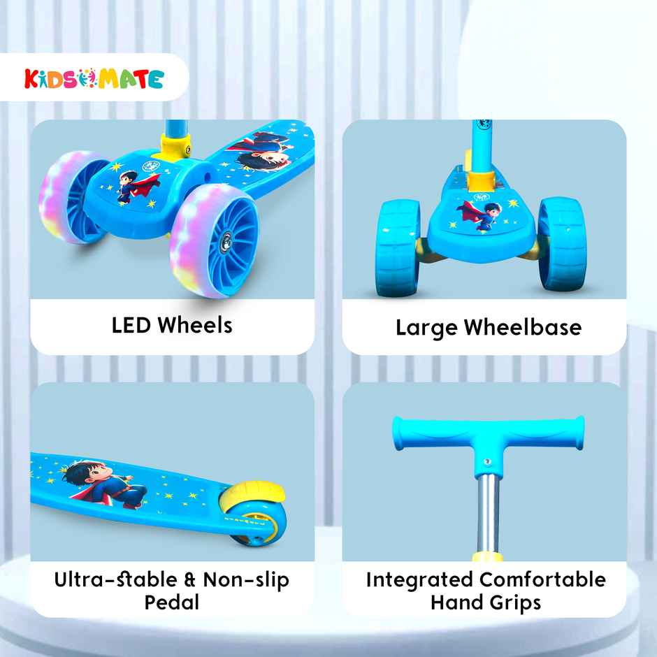 Kidsmate Rider Pro Kick Scooter with LED Wheels & Foldable Design for Kids 2-12Y - Blue