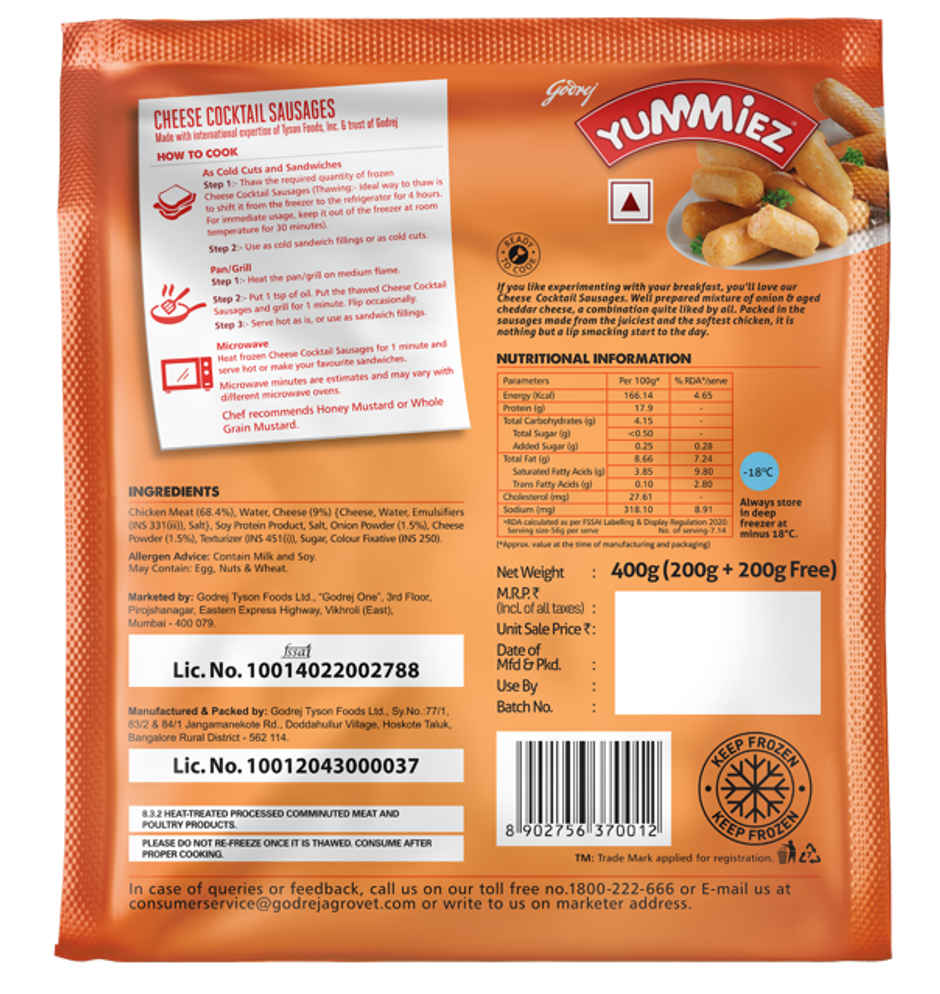Godrej Yummiez Chicken Cheese Cocktail Sausages