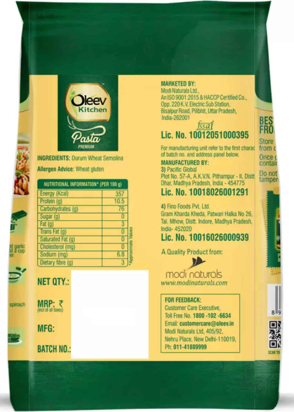 Oleev Kitchen Premium Fusilli Pasta No Maida Source Of Protein And Fibre