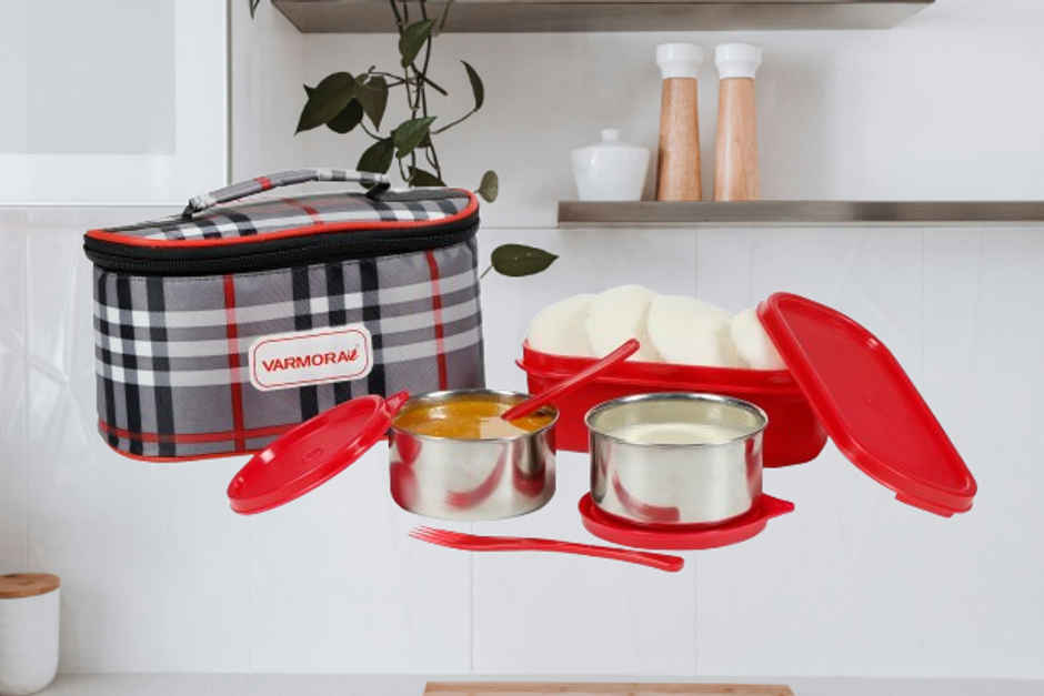 Varmora SS Duo Lunch Box- Raspberry Pink-3 Storage Containers with spoon and fork