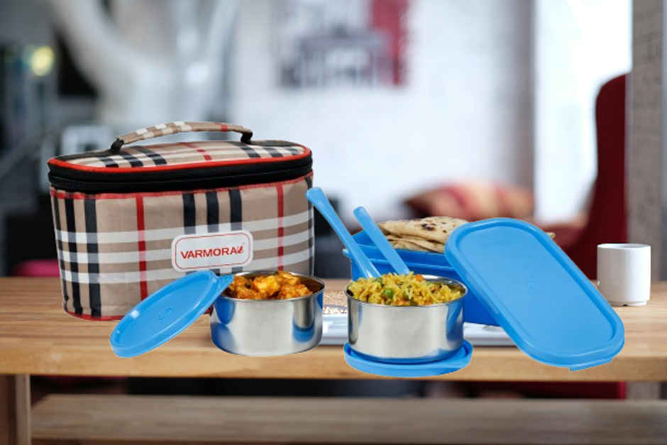Varmora SS Duo Lunch Box- Blue-3 Storage Containers with spoon and fork