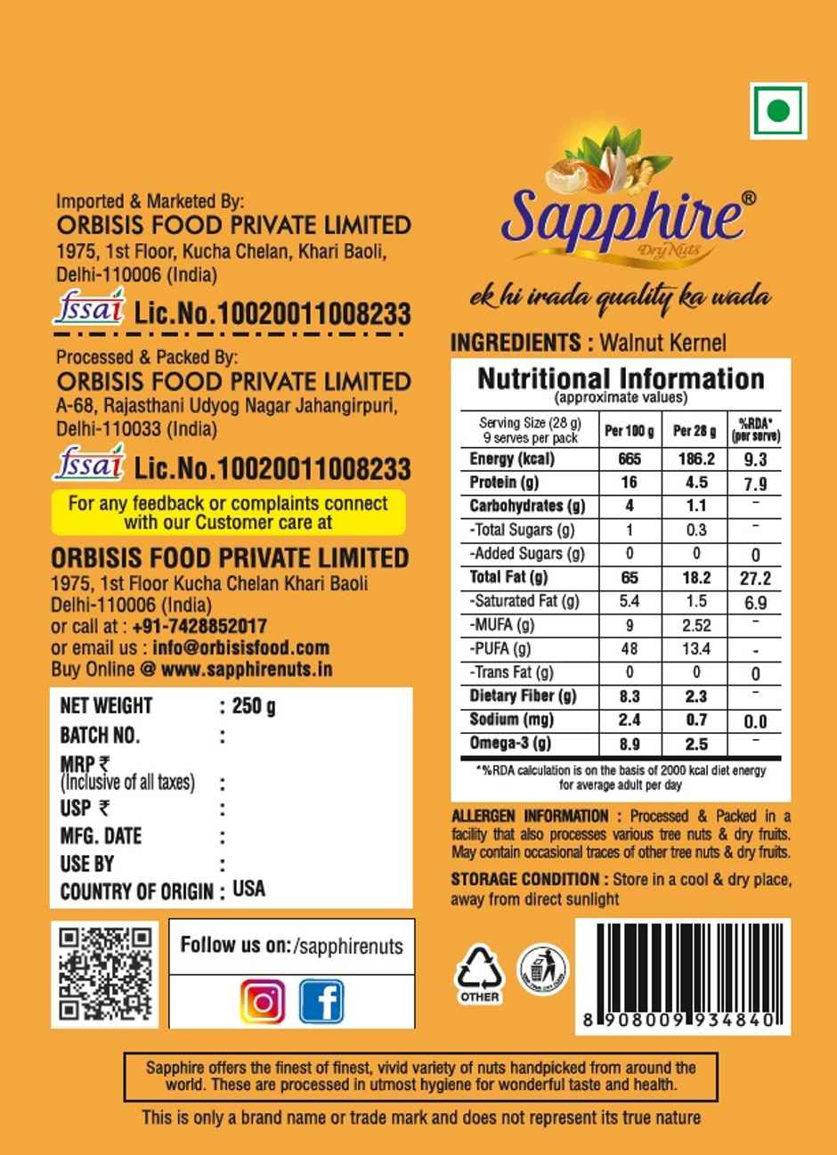 Sapphire Walnut Kernel Halves Orange Usa- Ruby