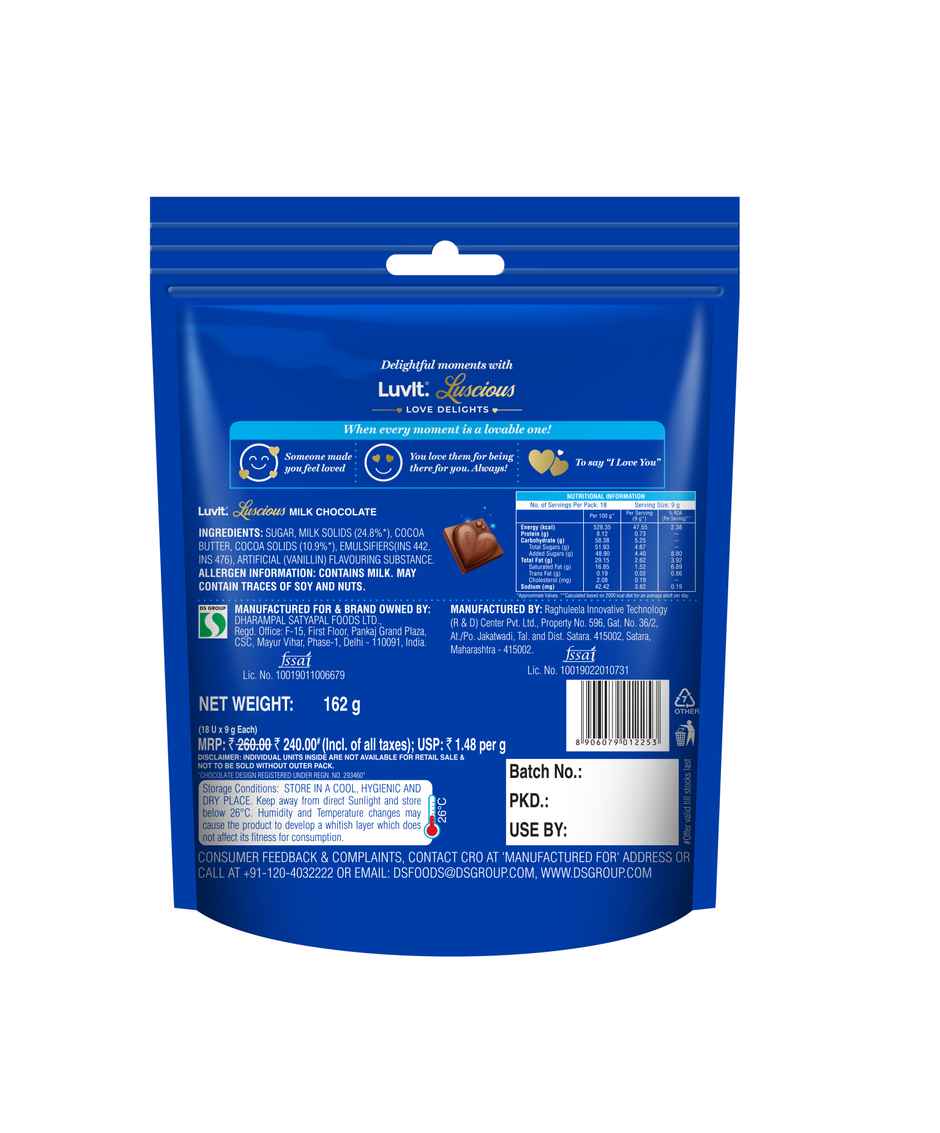 Luvit Luscious Love Delights Milk Chocolate Bar