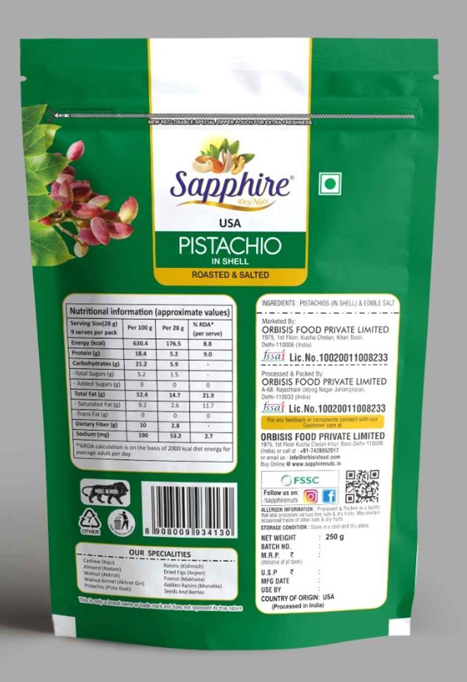 Sapphire California Pista Roasted & Salted- Pistachios Salted