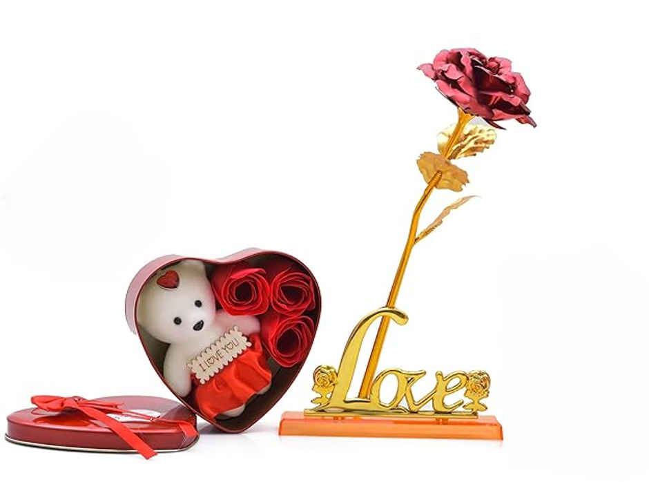 Red Rose Heart Box with Teddy and Love Stand Combo | Perpetual Mart