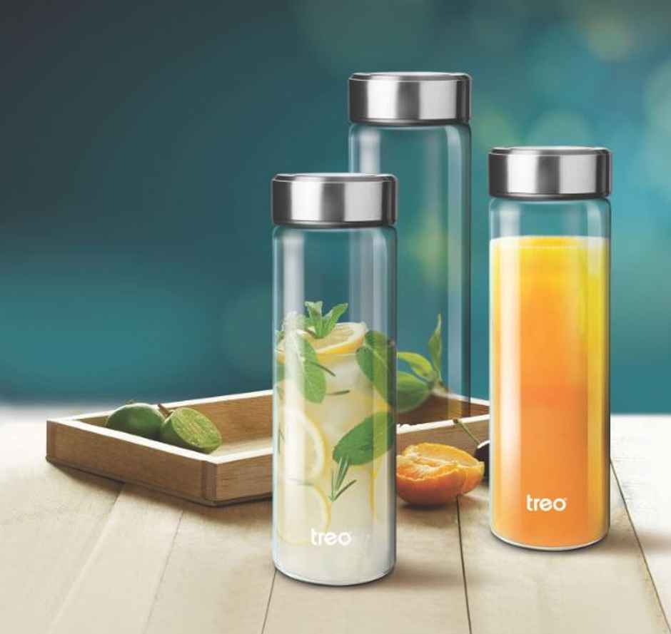 Treo By Milton Borosilicate Crystal Glass Bottle, 500 ml, Glaze Steel