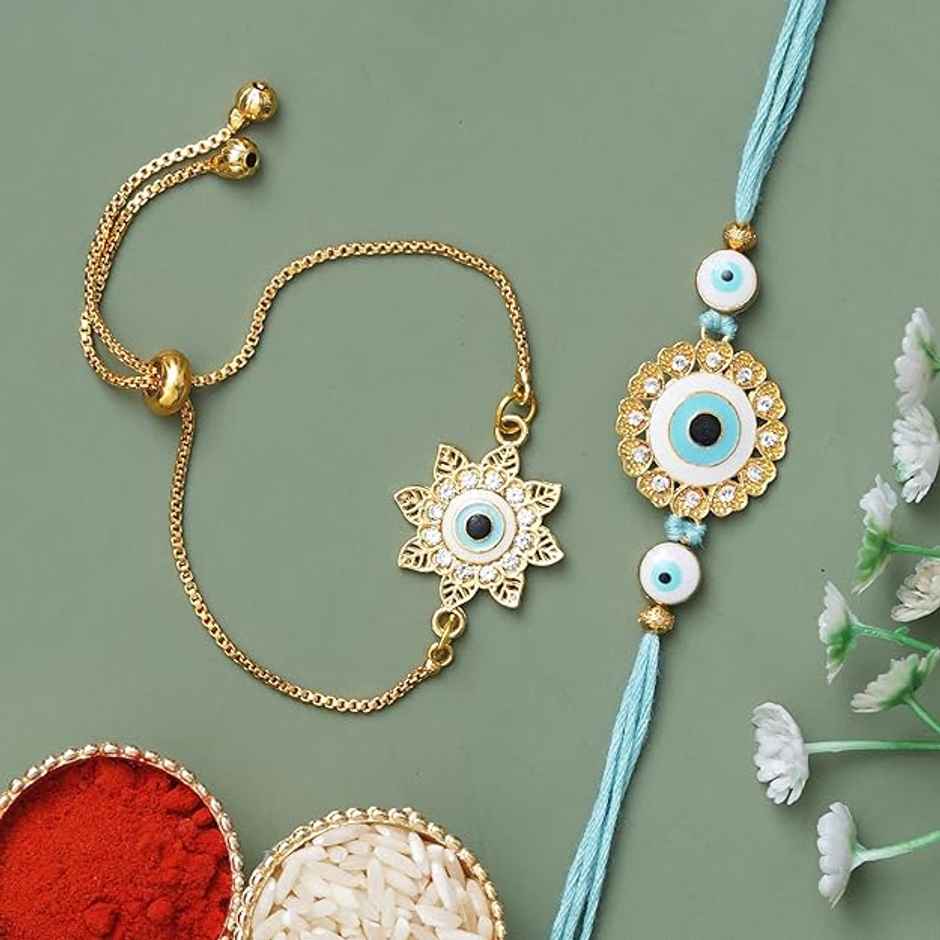 Bhaiya Bhabhi Bracelet Rakhi | Floral Evil Eye Designer | Includes Roli Chawal | Pack of 2 | Ecraftindia