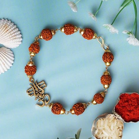 Religious Om Trishul Rudraksha Bracelet Rakhi for Brother & Roli Chawal Pack (eCraftIndia)