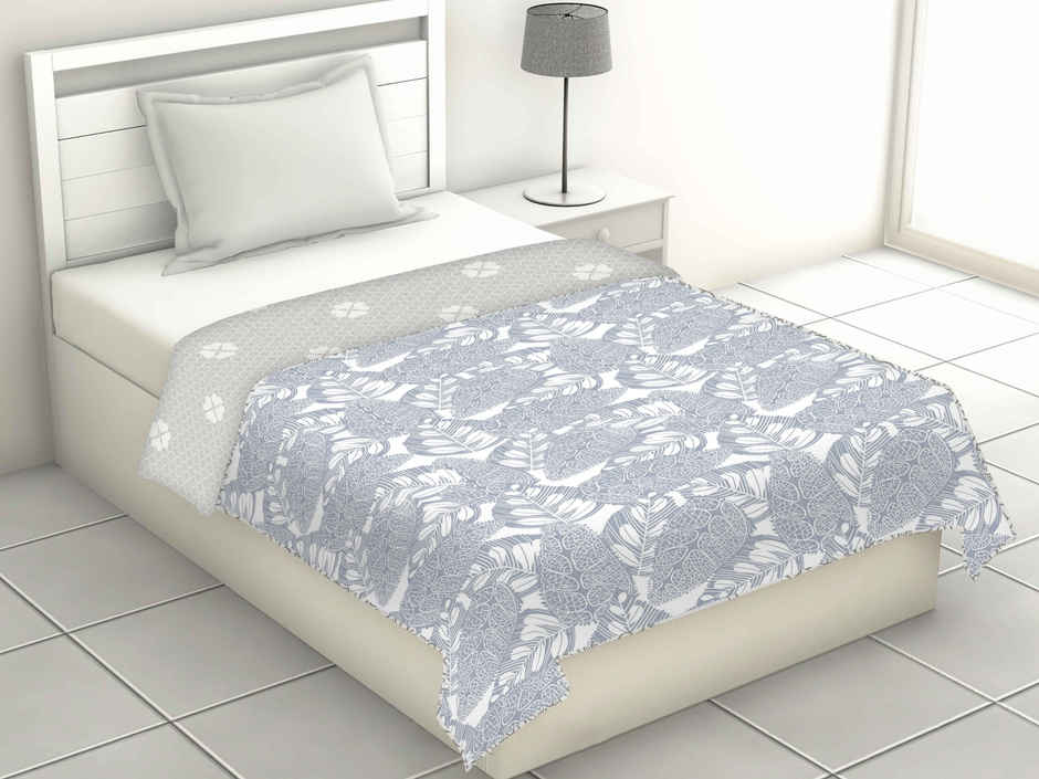 BAY6 Microfibre Leaf Print Single Bed Dohar | Grey & White | 150 x 220 cm
