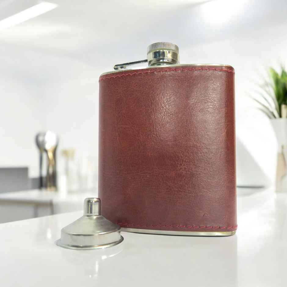 Happyware Stainless Steel Travel Drink Hip Flask | Tan Leatherette | 230 ml