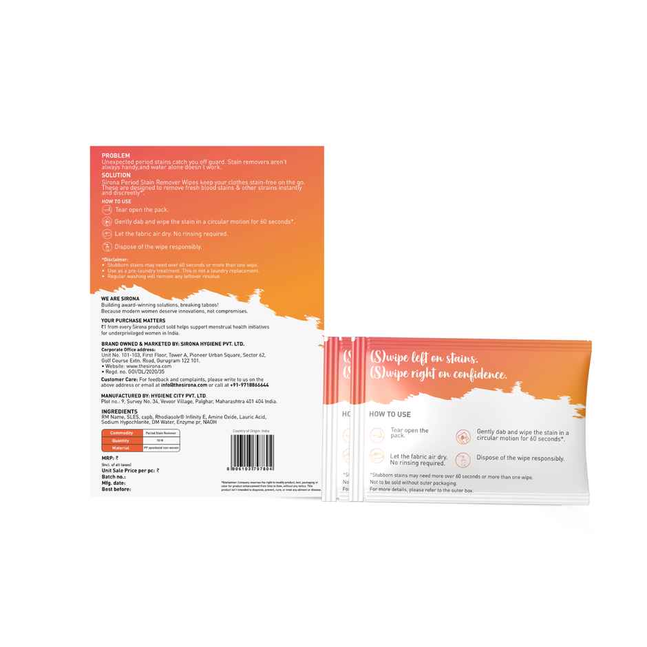 Sirona Period Stain Remover Wipes | Instant Stain Remover | Fabric Wipes for Fresh Blood Stains