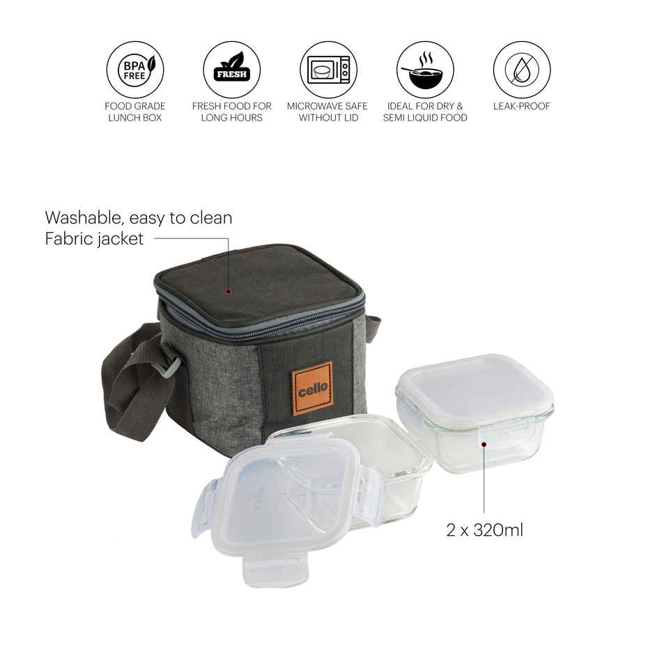 Cello Glassy Square Lunch Box | Microwavable Borosilicate Glass | Clear - 320 ml