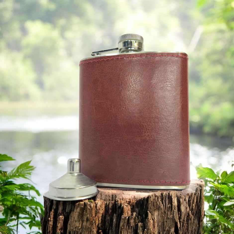 Happyware Stainless Steel Travel Drink Hip Flask | Tan Leatherette | 230 ml