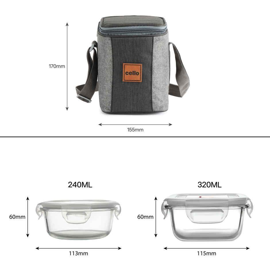 Cello Glassy Mix Lunch Box | Microwavable Borosilicate Glass | 2 x 320 ml and 240 ml | Clear