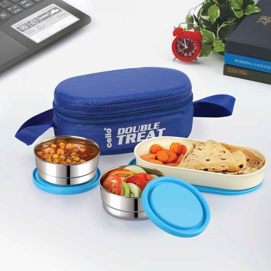 Cello Double Treat Lunch Box with Jacket (2 Unit Container - 300 ml, 1 Unit Oval Container) | Blue