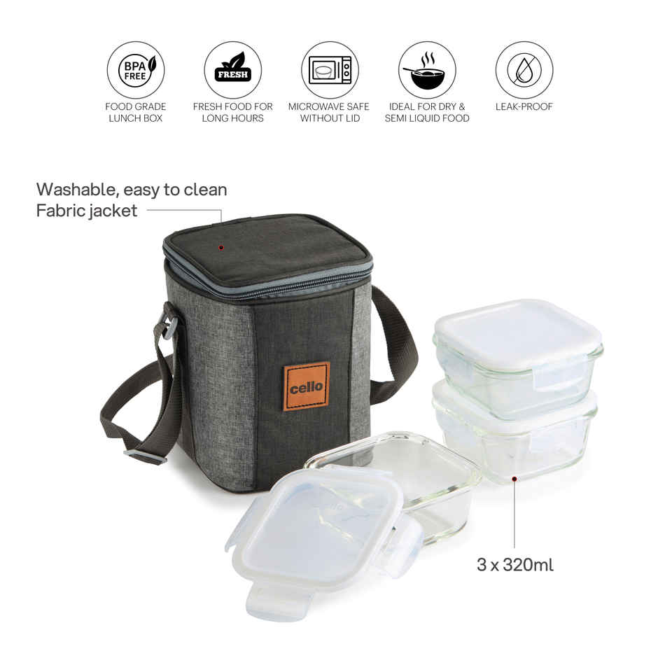 Cello Glassy Square Lunch Box | Microwavable Borosilicate Glass | Clear - 320 ml