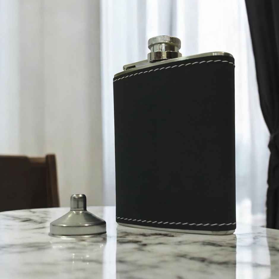 Happyware Stainless Steel Travel Drink Hip Flask | Black Leatherette | 230 ml