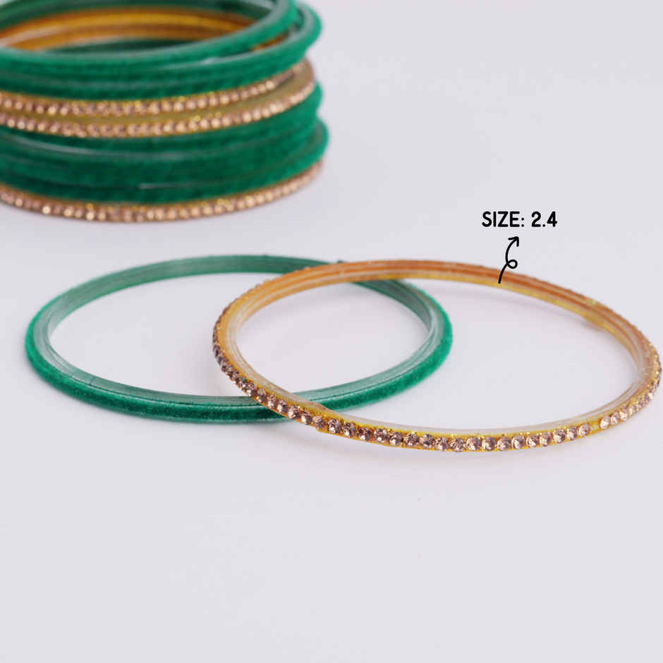 Elegant Velvet Bangles | Traditional Jewellery | Green & Gold | Pack Of 12 | Size 2.4 | Oye Happy