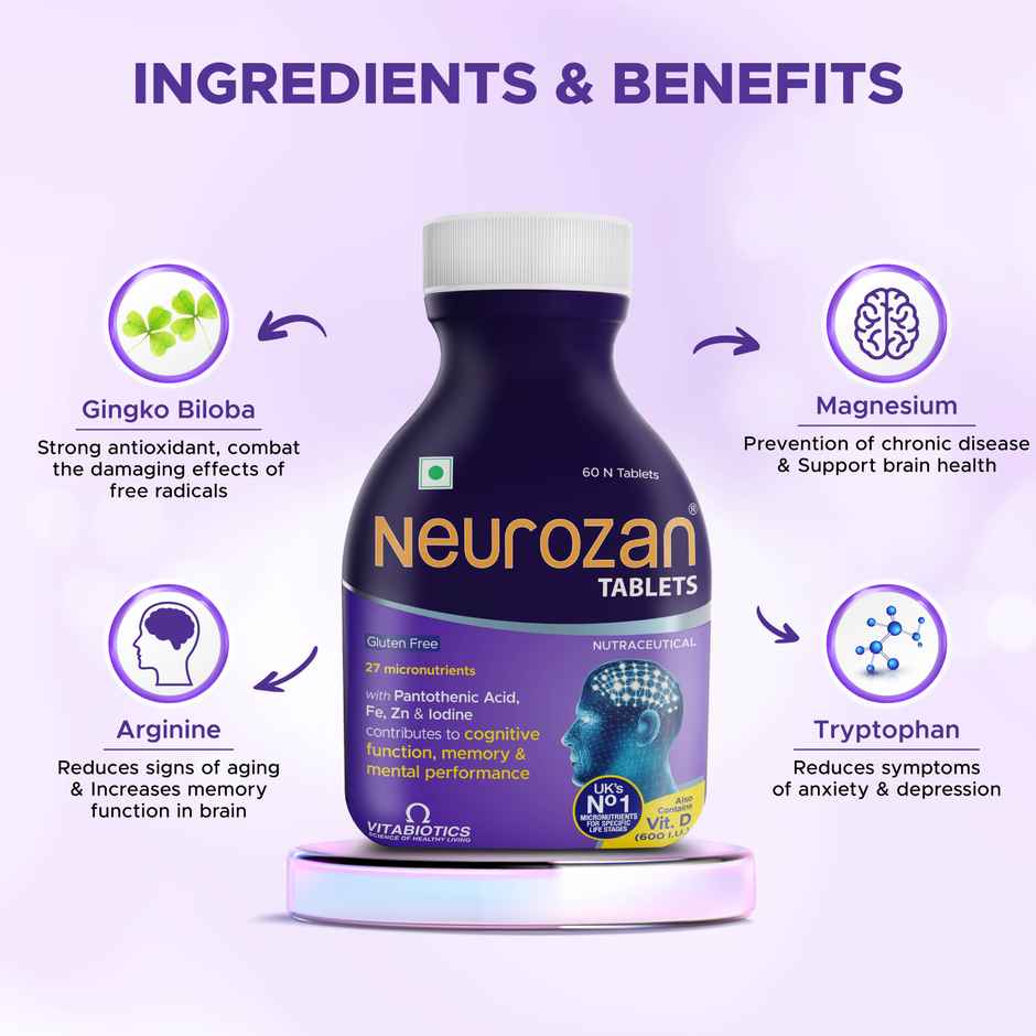 Neurozan Brain Health Tablets with Ginkgo Biloba Memory, Focus and Cognitive Support