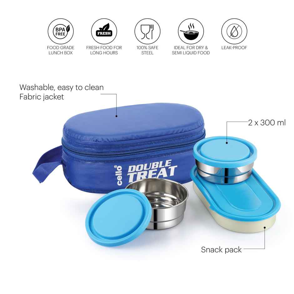 Cello Double Treat Lunch Box with Jacket (2 Unit Container - 300 ml, 1 Unit Oval Container) | Blue