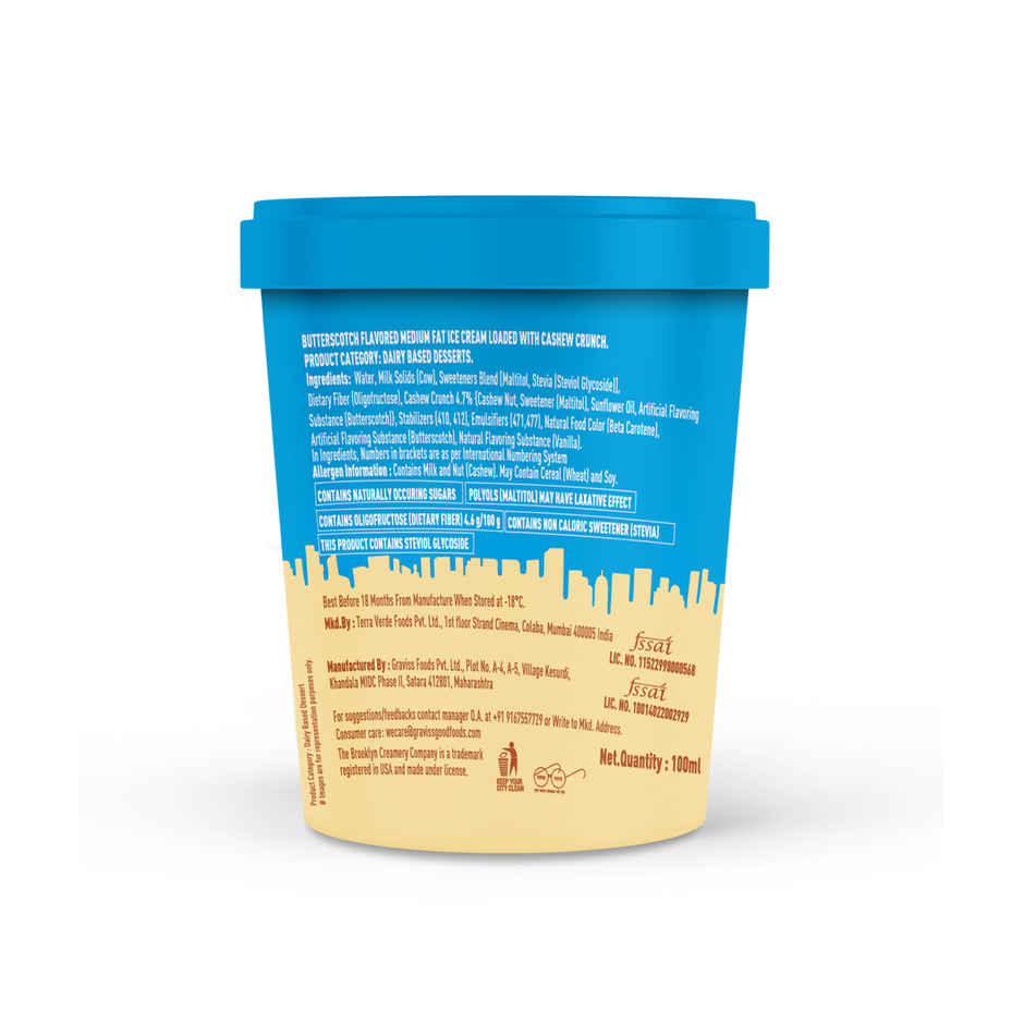 The Brooklyn Creamery Brooklyn Bridge Butterscotch Ice Cream Cup |Low Calorie Zero Added Sugar
