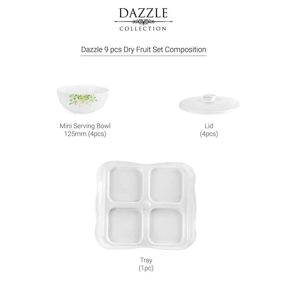 Cello Opalware Dazzle Series Green Orchard Dry Fruit Set | Set of 9